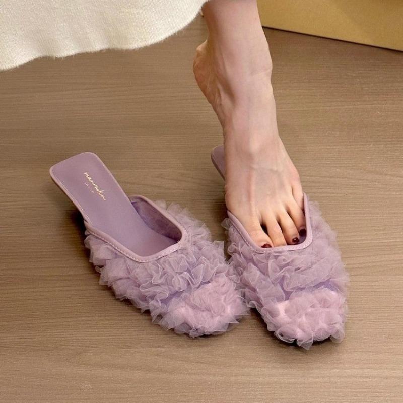 Fashion 2025 Summer Hot Sale Women’s Closed Toe Slippers Pleated Square Toe Thin Heels Sandals for Outdoor Fashion Daily Dress Slippers