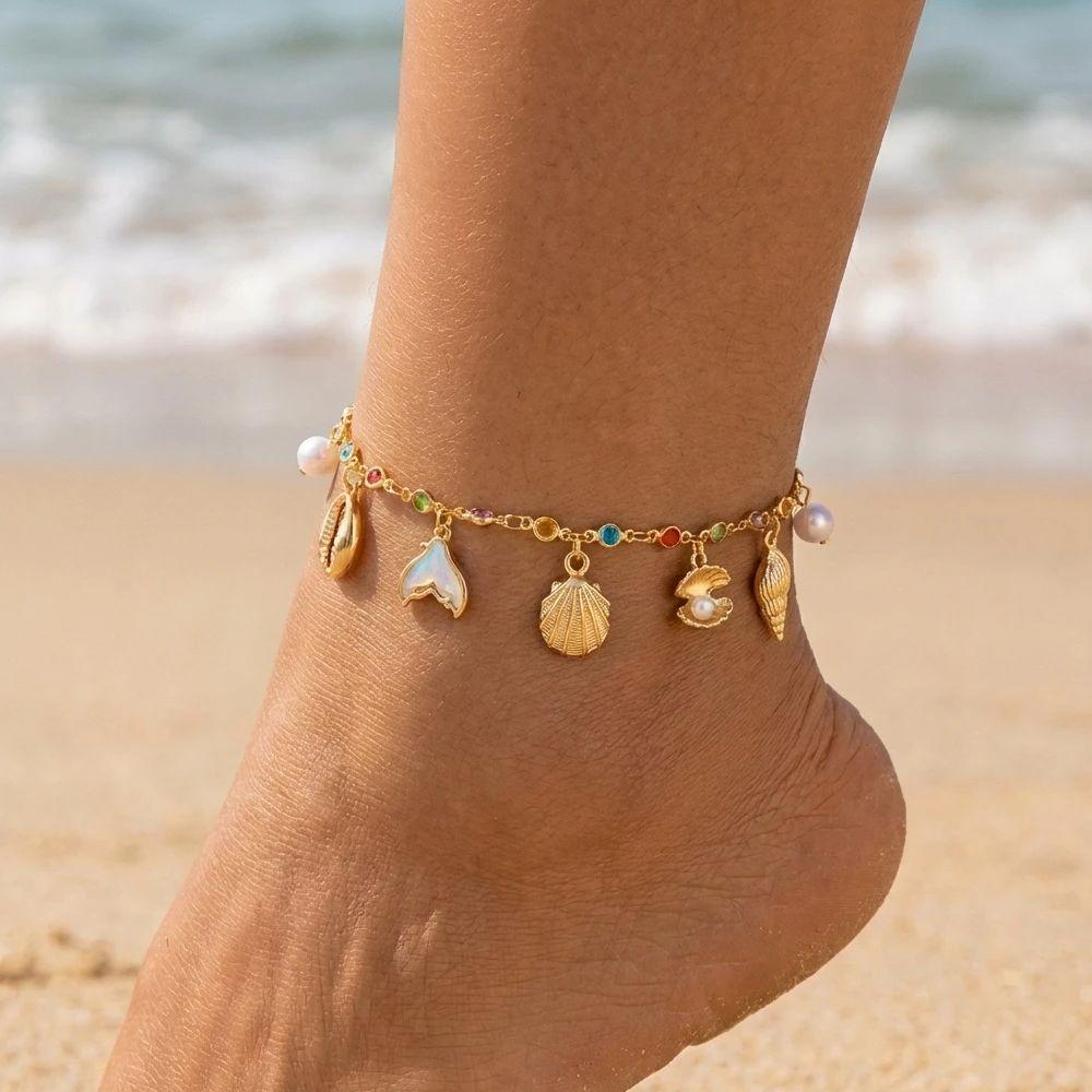 Colorful Crystal Zircon Metal Chain Anklets for Women Bohemia Starfish Shell Conch Tassel Bracelet On The Foot Beach Jewelry