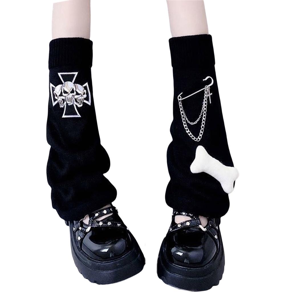 Gothic Women Leg Warmers Harajuku Punk Bone Skull Crosses Flared Knitted Foot Cover Winter Warm Long Socks Streetwe