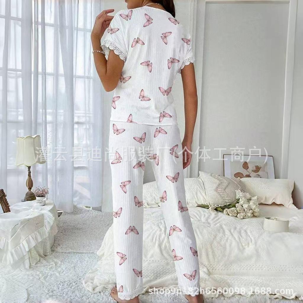 Butterfly Pattern Pajamas Women's Suit Summer New Temperament V-neck Loose Short-sleeved Loungewear Two-piece Suit Pajamas