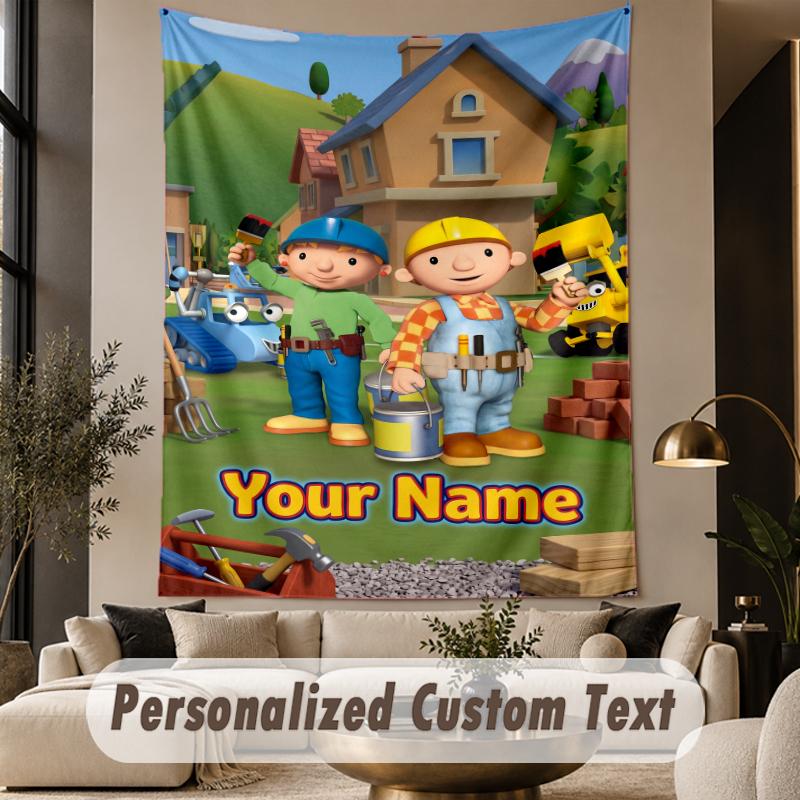 Custom Text Printed Tapestry Bob the Builder Pattern Large Wall Hanging Indoor Room Decor
