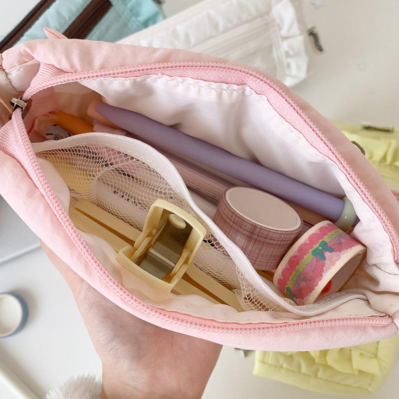 Ins Casual Style Ruffle Pencil Case Aesthetic Multi-Layer Large Capacity Stationery Organizer for School Simplicity Pen Bag
