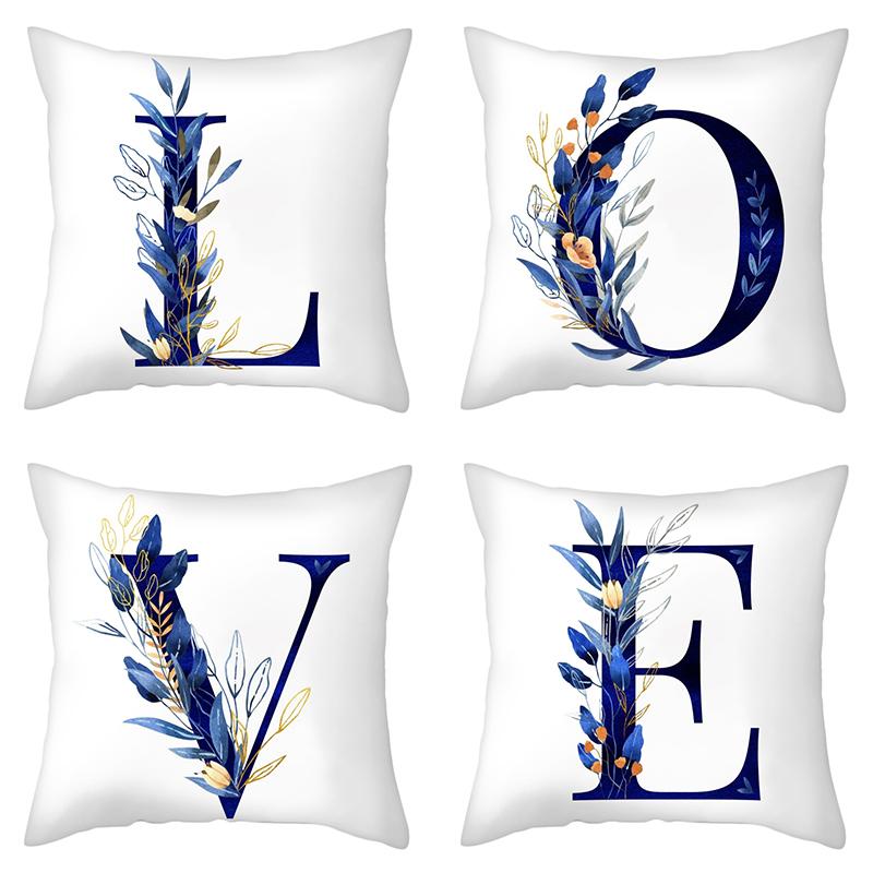 45x45cm Creative Floral Surround Design 26 Letters Blue Pillowcase Wedding Party Home Decor Sofa Office Seat Cushion Cover