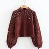 Womens Oversized Round Neck Knit Sweater With Pearl Embellishment Loose Fit Long Sleeve Acrylic Pullover Winter