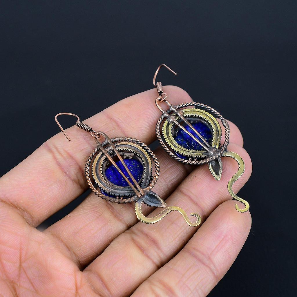 Lapis Lazuli 999 Copper Wire Wrapped Earrings, Handmade Gemstone Earrings Jewelry, Gifts For Wife Brand New Earrings