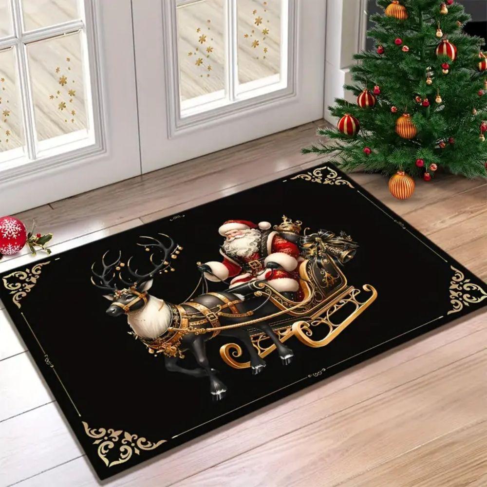 Christmas Happy Front Door Carpet Santa Claus Indoor Entrance Black Anti-Slip Floor Mat Holiday Home Decoration