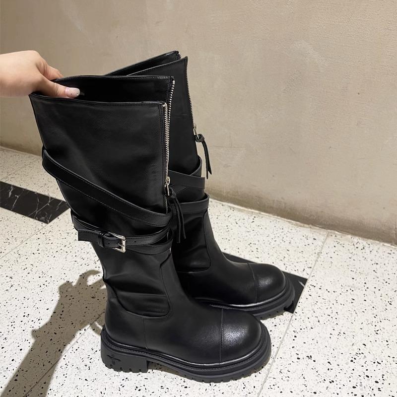Folding two wear real soft leather fashion boots women's autumn and winter new belt buckle boots thick-soled knight boots high boots