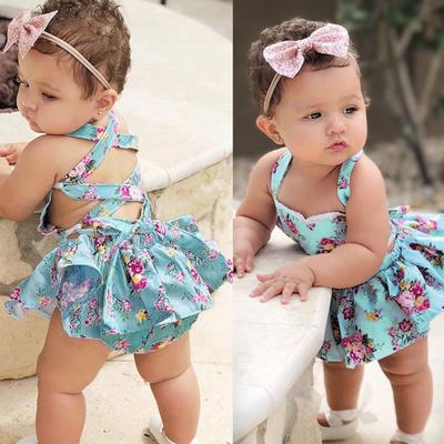 Newborn Infant Baby Girls Backless Lacing Floral Print Romper Dress Sundress