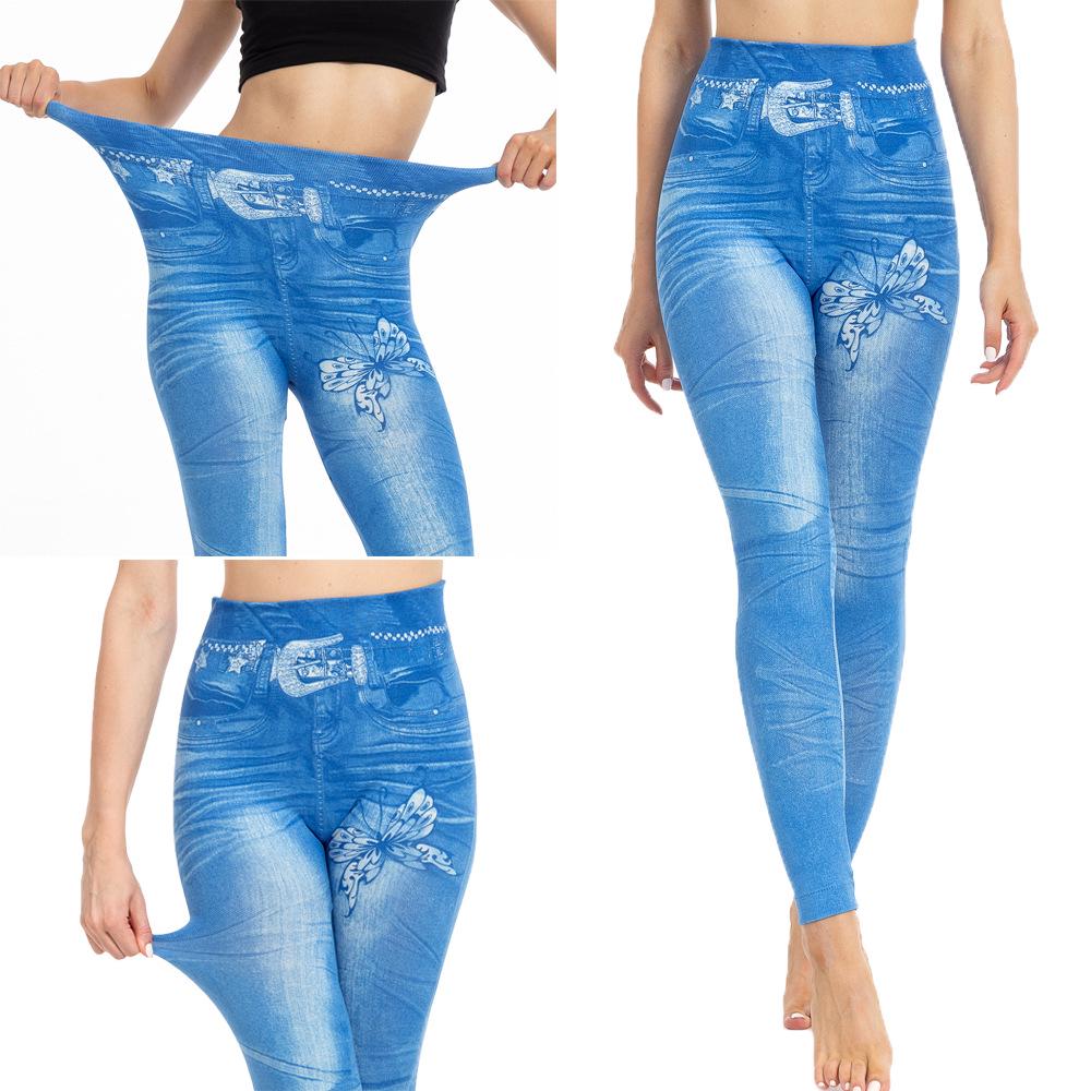 Chic Butterfly Print Faux Denim Butt-Lifting Leggings for Women
