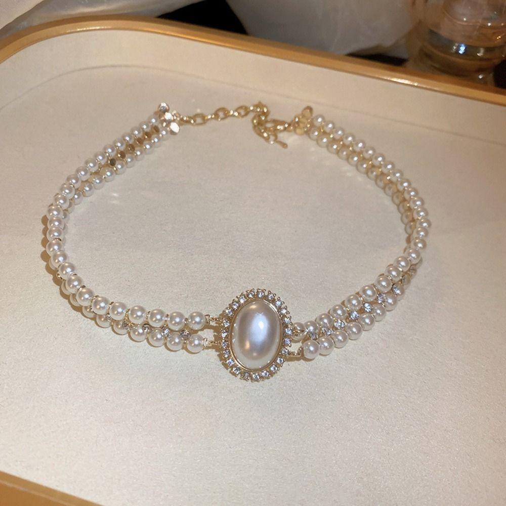 Koreanischer Stil Choker Macbeth Perlenohrring Halskette Ohrstecker Set Damen Halskette Perlen Schmuckset