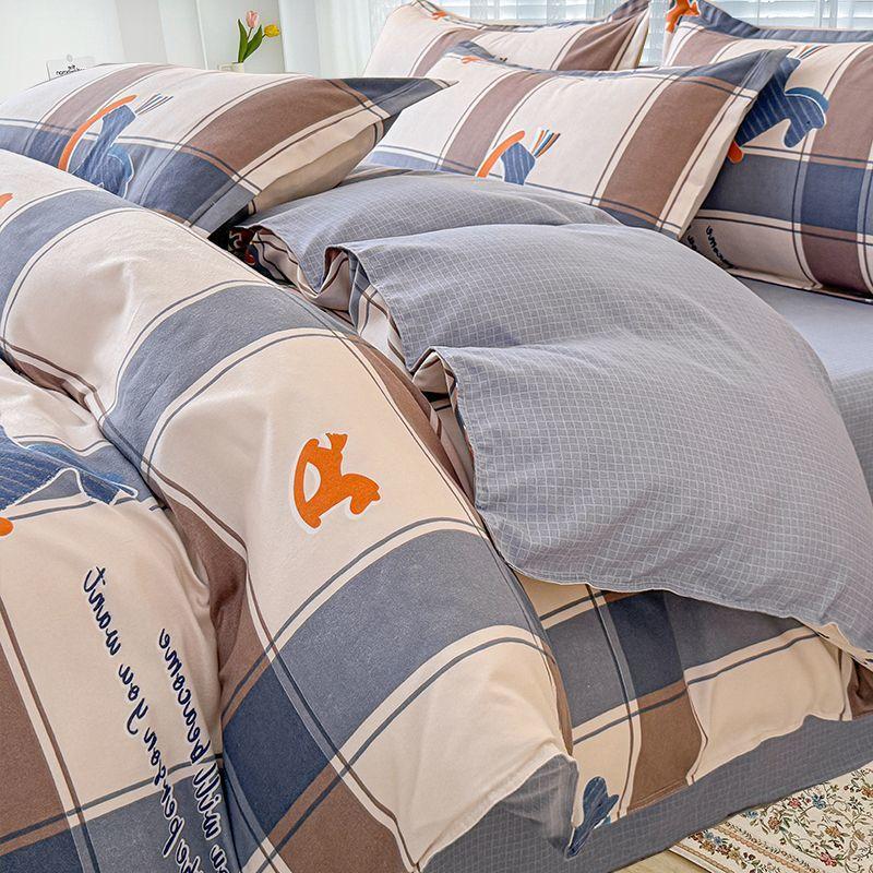 Simple Class A Washed Cotton Four-piece Bedding Set Princess Style Printed Quilt Cover Dormitory Bed Sheet Three-piece Quilt Cover