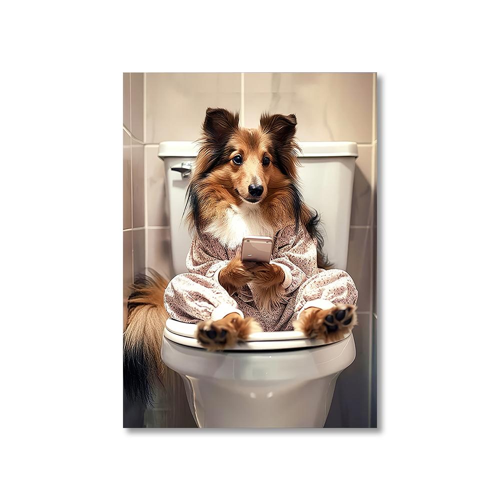 1PC Unframed Funny Pet Dog in Toilet Reading Newspaper Play Canvas Painting Animal Pictures Wall Art for Home Bathroom Decor