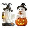Cute Halloween Table Decor Lighted Ghost Figurine Spooky Resin Witch on Pumpkin/Holding Lantern Desktop Ornament Statue with LED Light for Bookshelf
