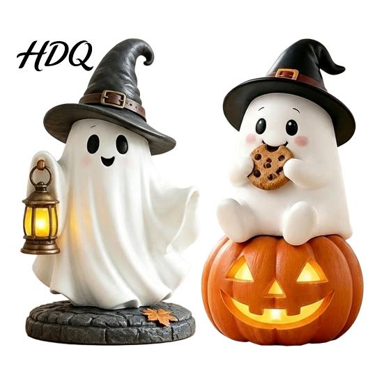 Cute Halloween Table Decor Lighted Ghost Figurine Spooky Resin Witch on Pumpkin/Holding Lantern Desktop Ornament Statue with LED Light for Bookshelf