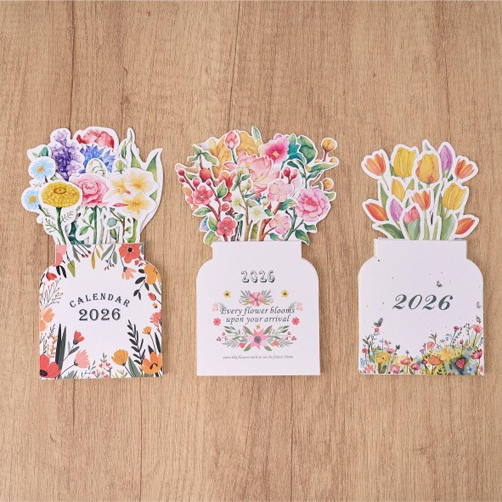 Vasenförmiger Kalender mit blühenden Blumen Schreibtischkalender Holzsockel Stehender Kalender für das Neue Jahr
