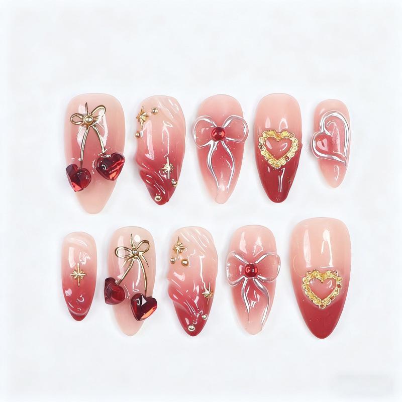 

30PCS Valentine s Day Almond Wearable Nails with 3D Love Heart Bow and Rhinestones