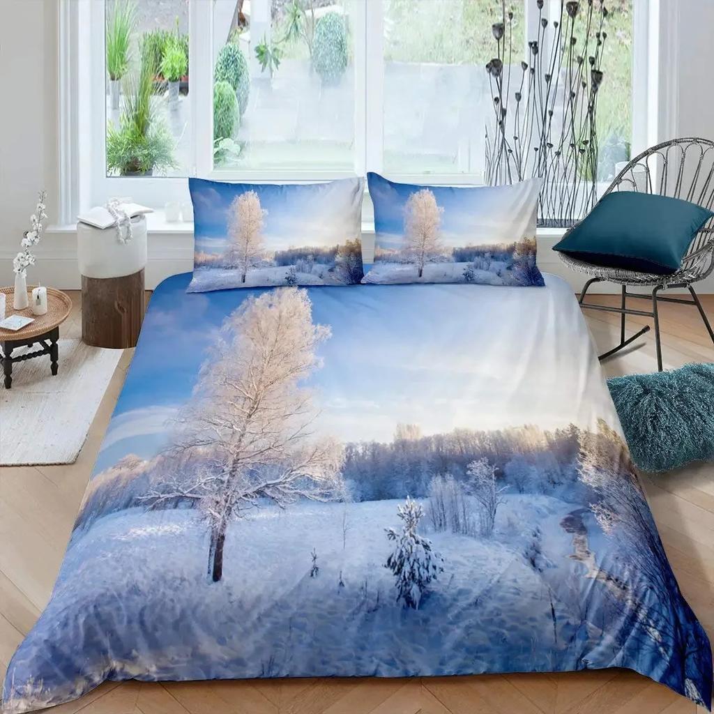 Comforter Smoky Mountain Misty Forest Bedding Set Full Queen Size Grey Trees Natural Scenery Art Comforter