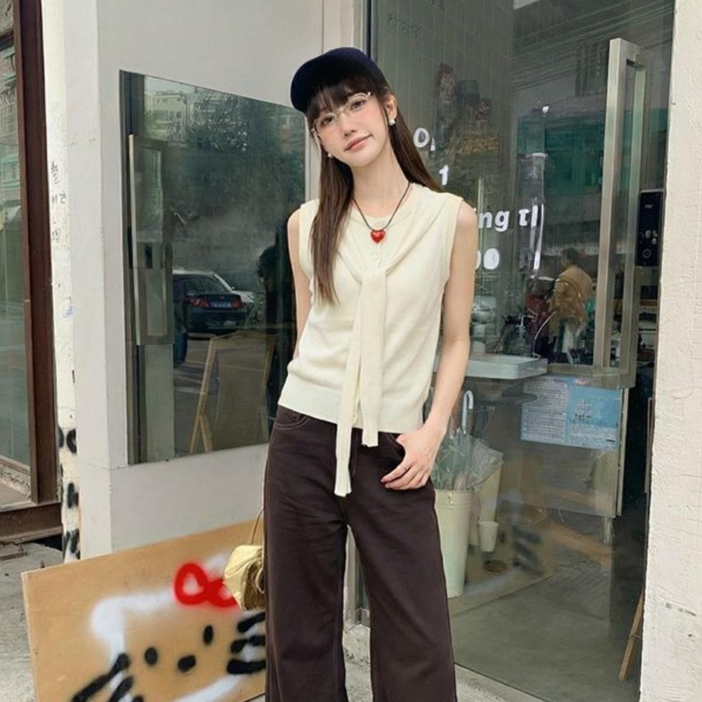 

Striped Shawl-style Fake Two-piece Knitted Top for Women in Summer, Sleeveless Blazer-style Cardigan Top белый