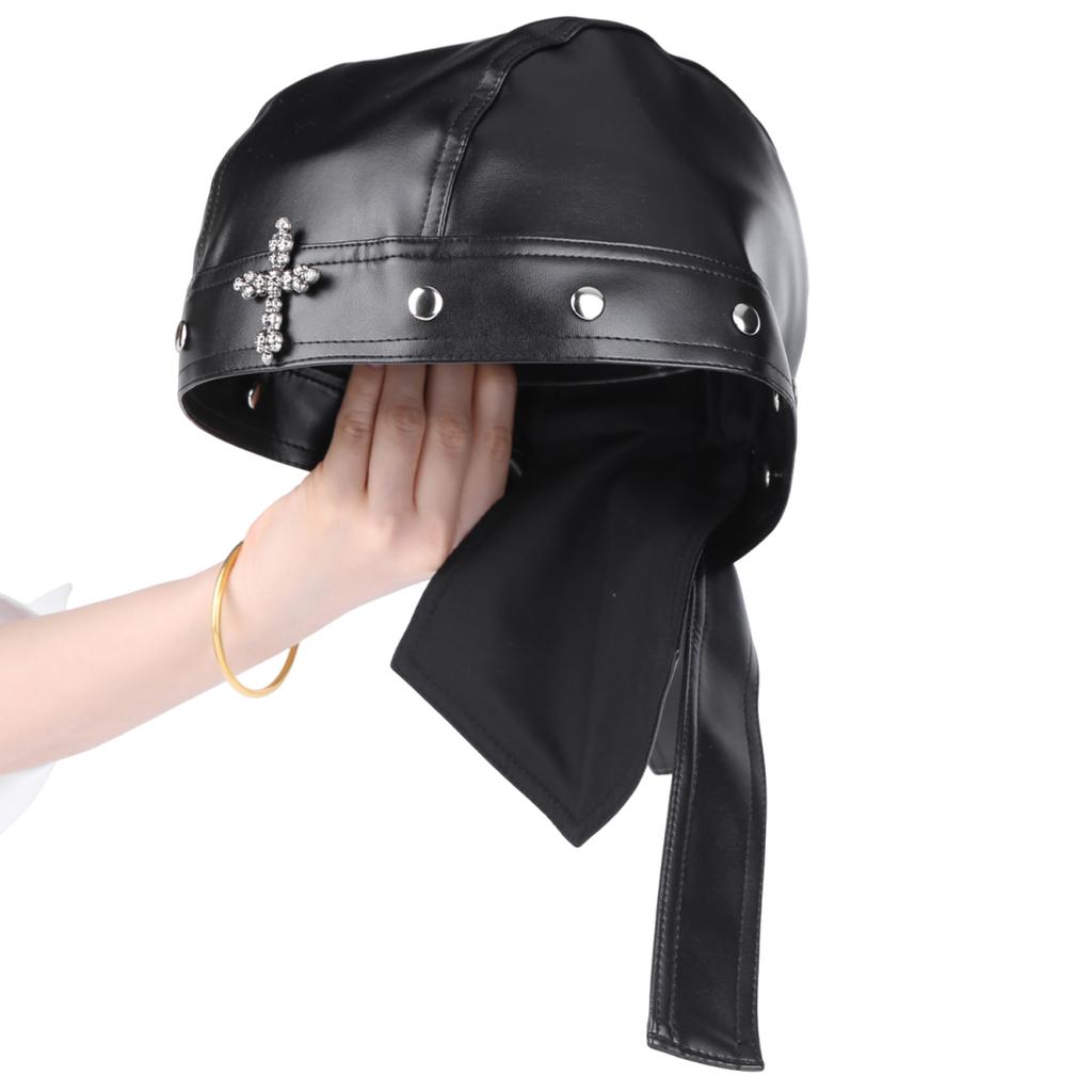 Biker Cap for Women PU Leather Adjustable Motorcycle Skull Cap with Snug Fit Stylish Biker Doo Rag Headwrap for Riding & Outdoor