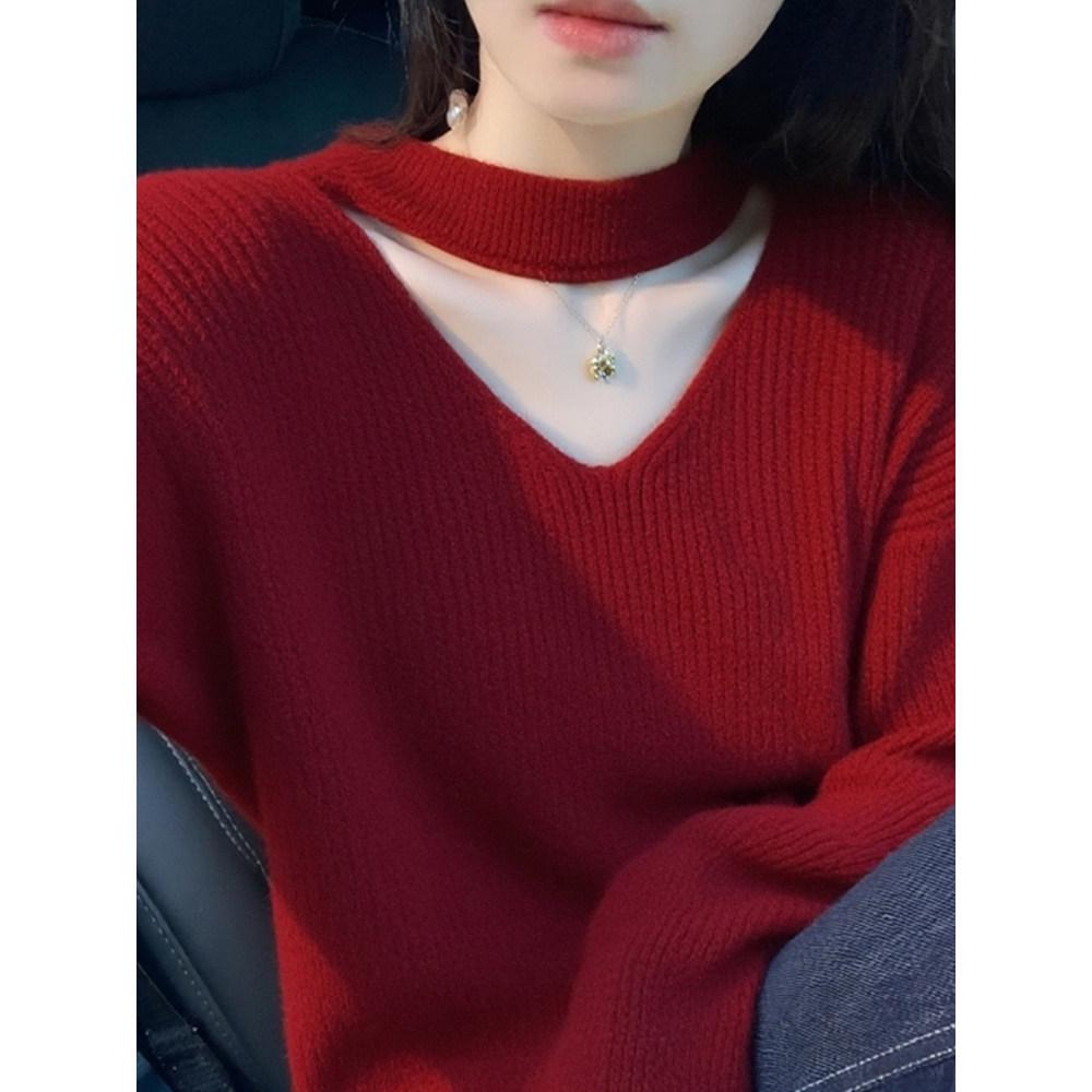 Korean Style Red V-Neck Halter Knit Sweater for Women - Autumn/Winter