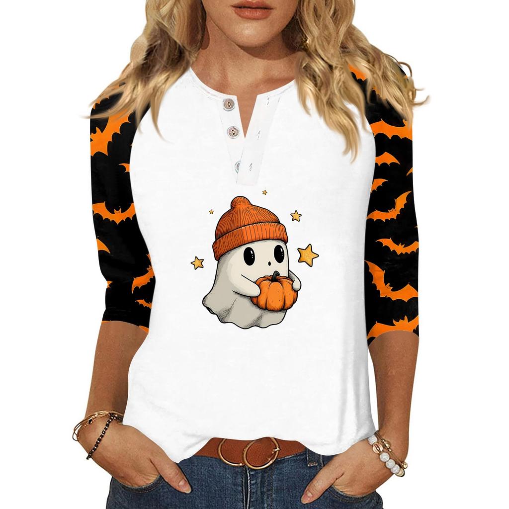 Damen-T-Shirt mit Halloween-Aufdruck und Knopfleiste, 3/4-Ärmel, modisch für den Alltag und das Wochenende, Basic, V-Ausschnitt, normales Oberteil