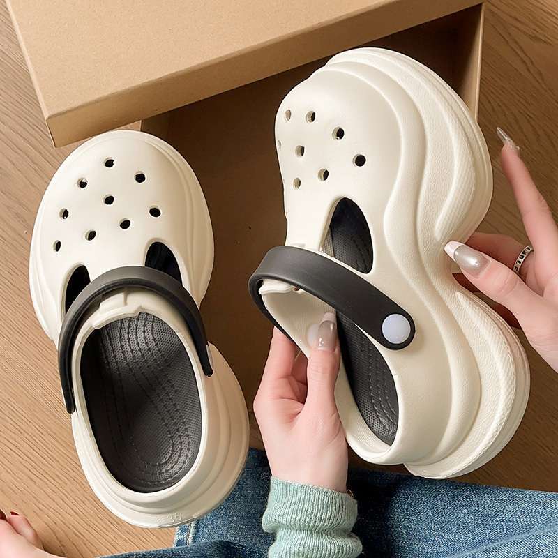 Sweet Bow Platform Hole Shoes Women's Spring and Summer 2025 New Outer Wear Heightening Rhinestone Bag Head Half Slippers