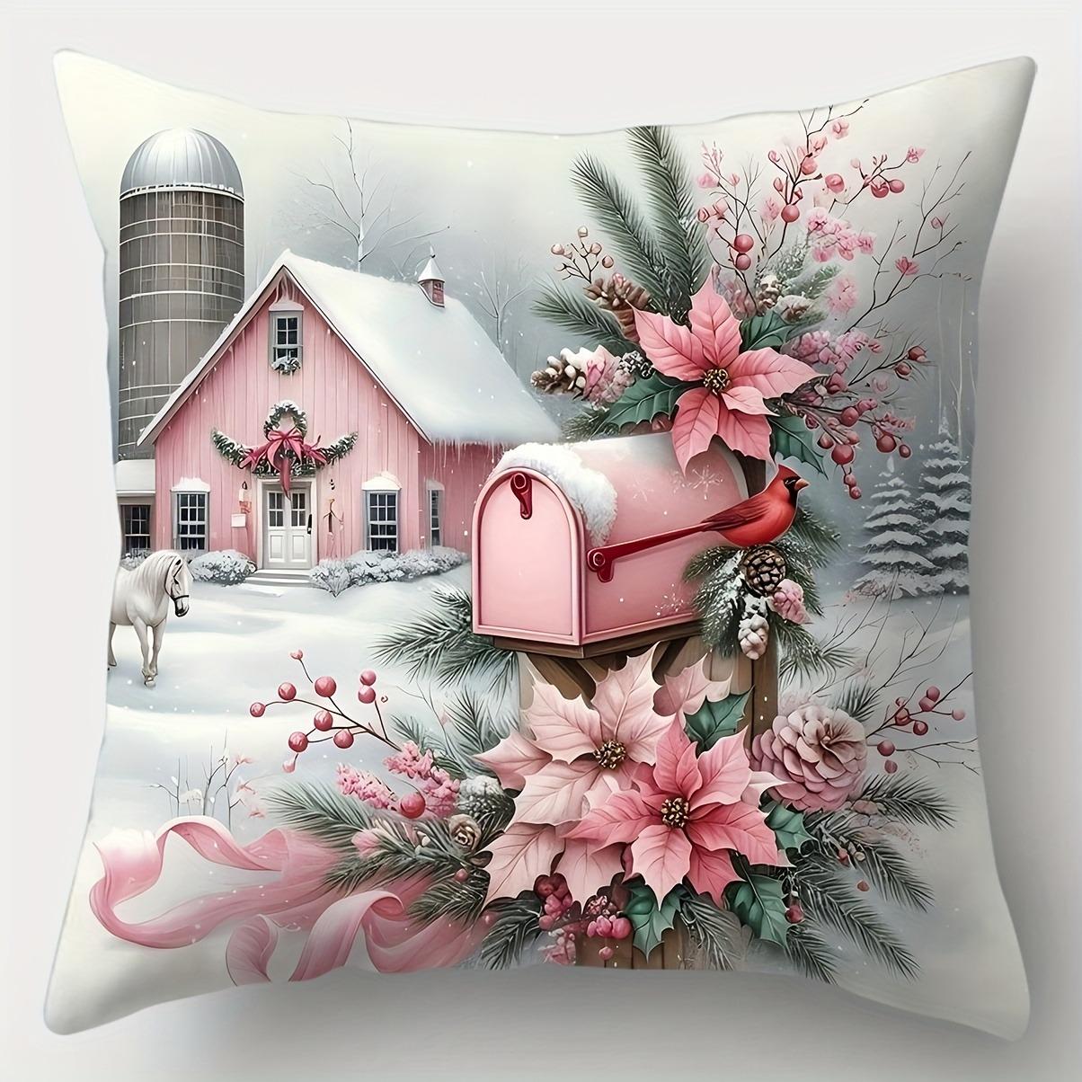 

Pink cute Christmas!Dream hut and colorful decoration on pillowcase New Year home decoration 2d flat printing 16x16Inch