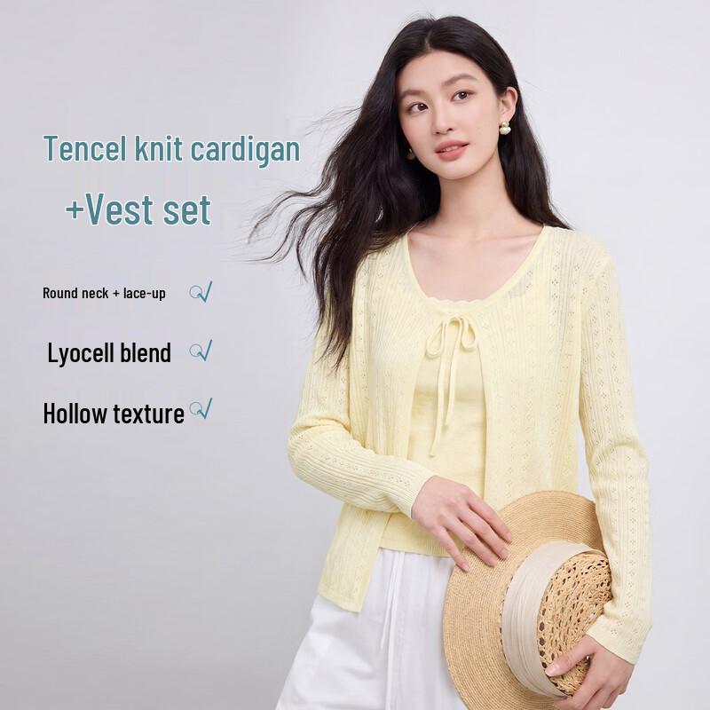 FivePlus Women s Summer Hollow Out Knitted Cardigan & Camisole Two-Piece Set F
