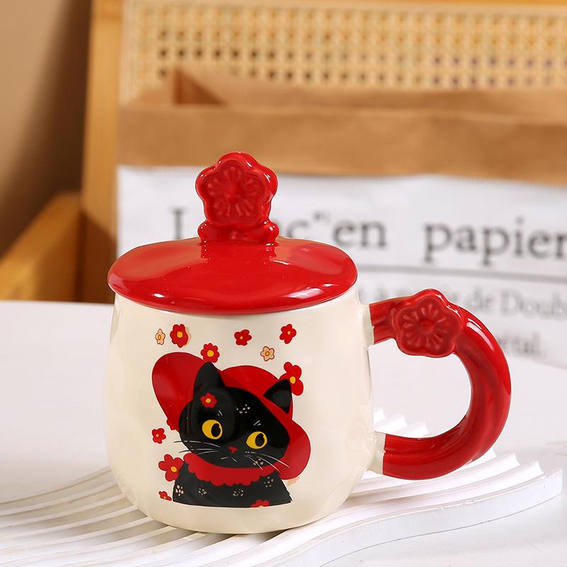 

New Kitten with Cover Spoon Cartoon Cute Ceramic Cup Embossed Three Dimensional Mug Household Simple Set Water Cup 390ML