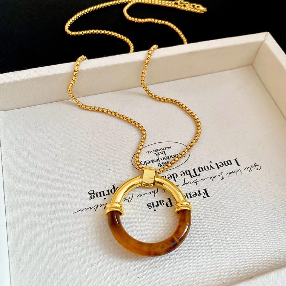 Splicing Amber Pendant Necklace Long Chain Minimalist Necklace Circle Pendant Necklace  Casual Wear