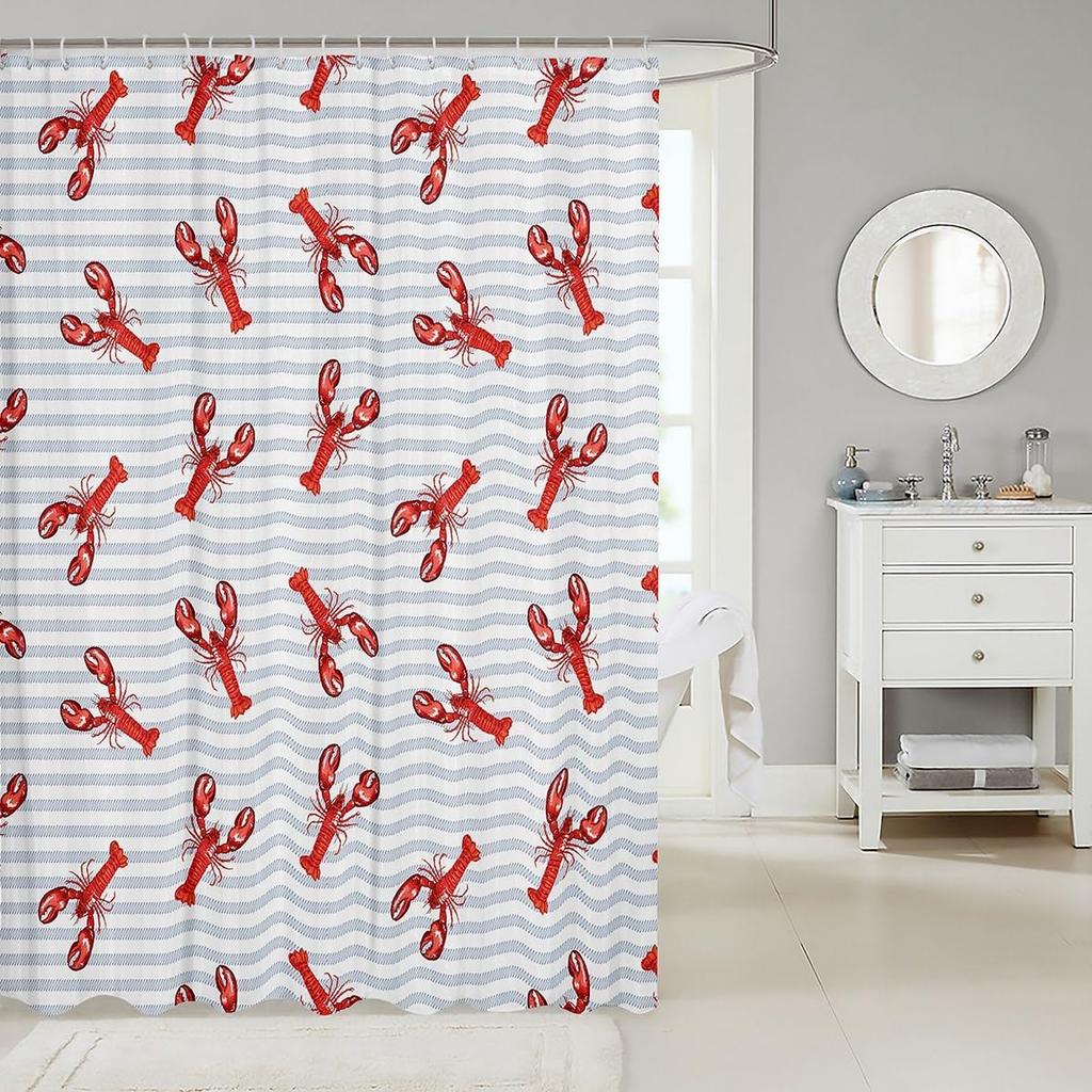 Lobster Shower Curtain Nautical Bathroom Shower Curtain Sets Retro Cartoon Ocean Stripes Marine Life Sea Wild Animals Fabric