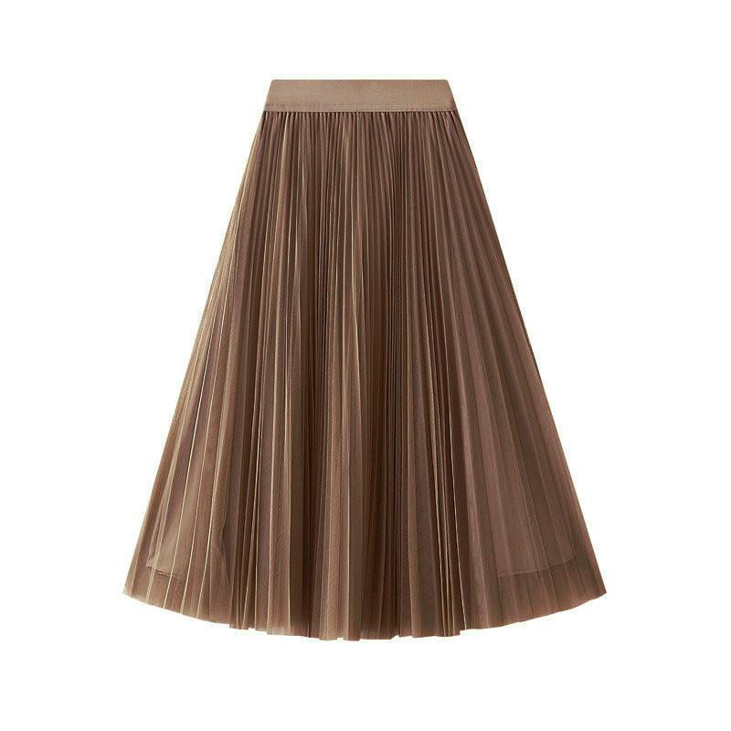 Qooth Elegant Women A Line Tulle Pleated Skirt Wide Hem Mid Length Elastic Waist Casual Skirt QT2691