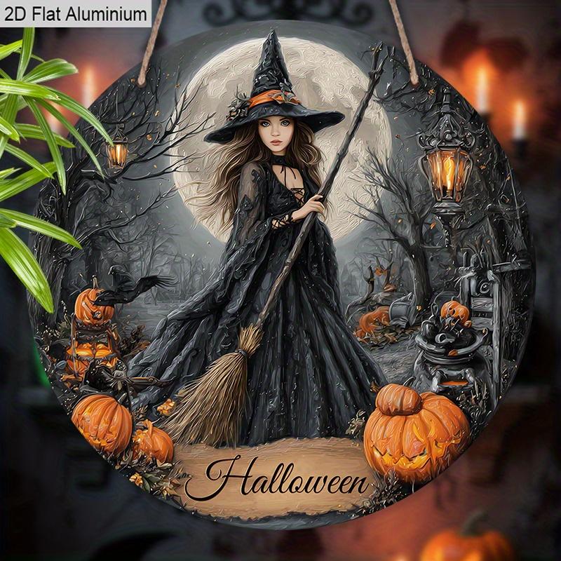 2D Flat Aluminium Halloween Sign with Witch Pattern - Halloween Figurine Ornaments - Ideal for Front Door, Wall, Porch, Window Decor - Ideal