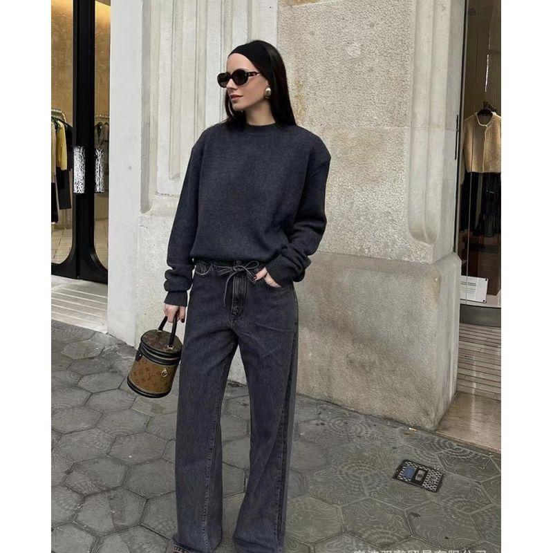 

Свитер в западном стиле с круглым вырезом, свободный, на все случаи жизни, трикотажный топ с длинным рукавом, однотонный свитер с круглым вырезом Dark gray One size