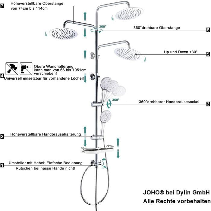 Colonne de douche réglable - JOHO - Système de douche anti-calcaire - Flexible lisse 1,5 m - Économie d'eau