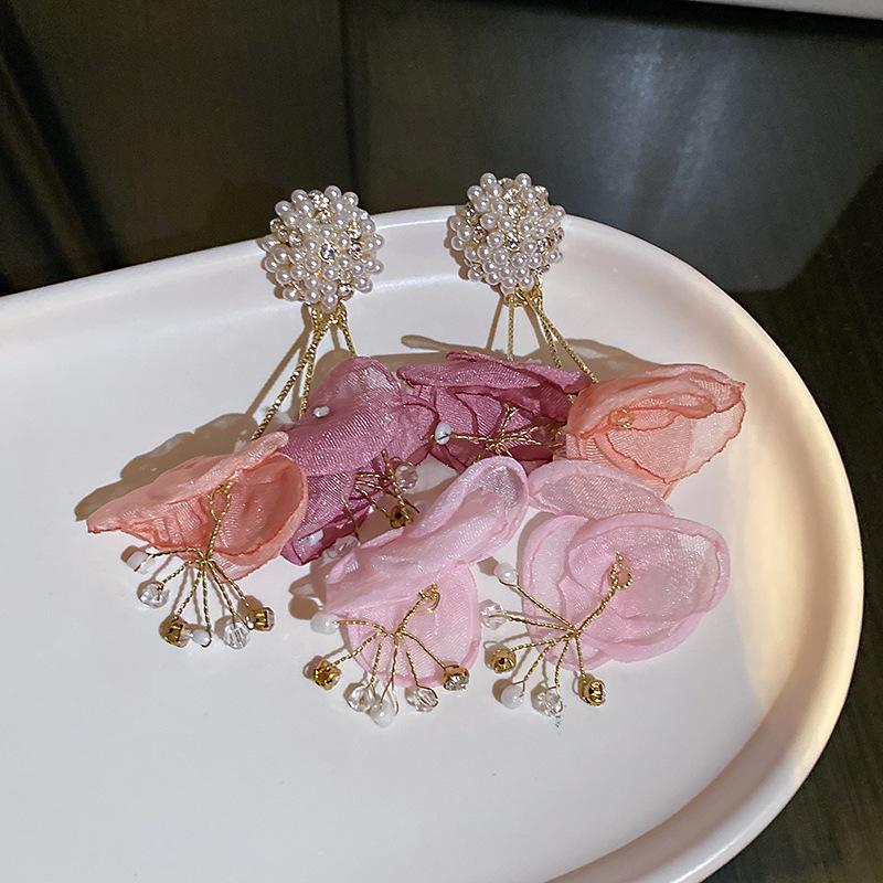 Bohemian Pink Big Chiffon Flower Earrings For Women Handmade Pearl Crystal Earrings Multi Layers Earrings Zircon