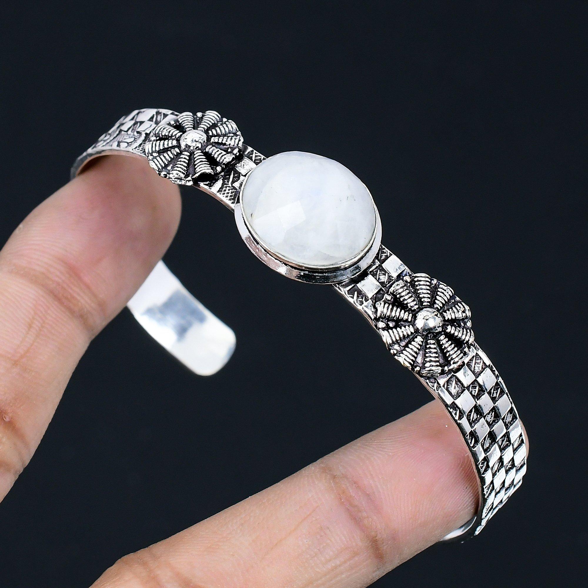 

Daughters Day Sale 925 Sterling Silver Rainbow Moonstone Stone Bangle Bracelet Adjustable