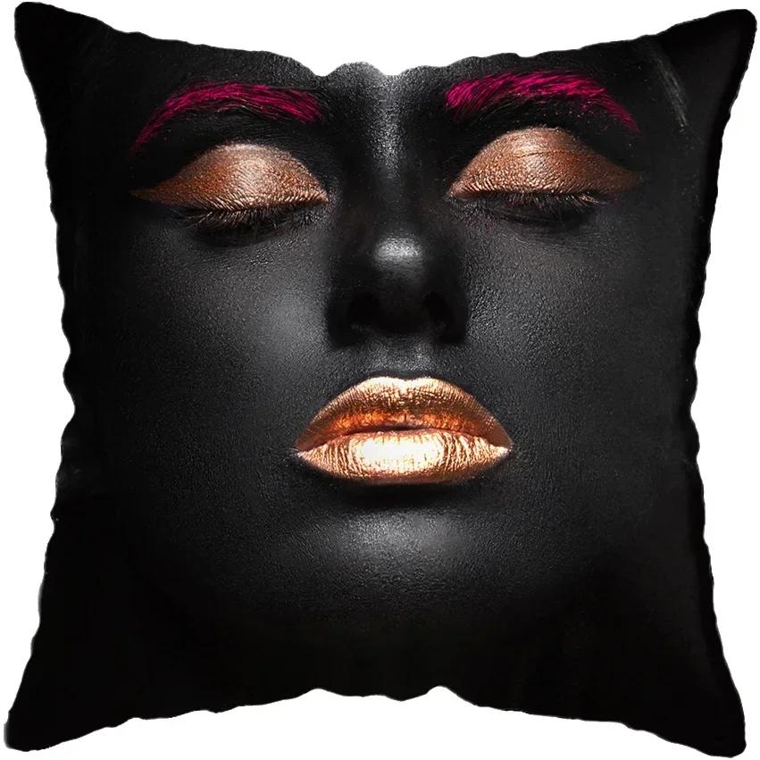 Modern Living Room Black Gold African Lady Woman Style Look Art Deco Sofa Pillowcase Cushion Cover