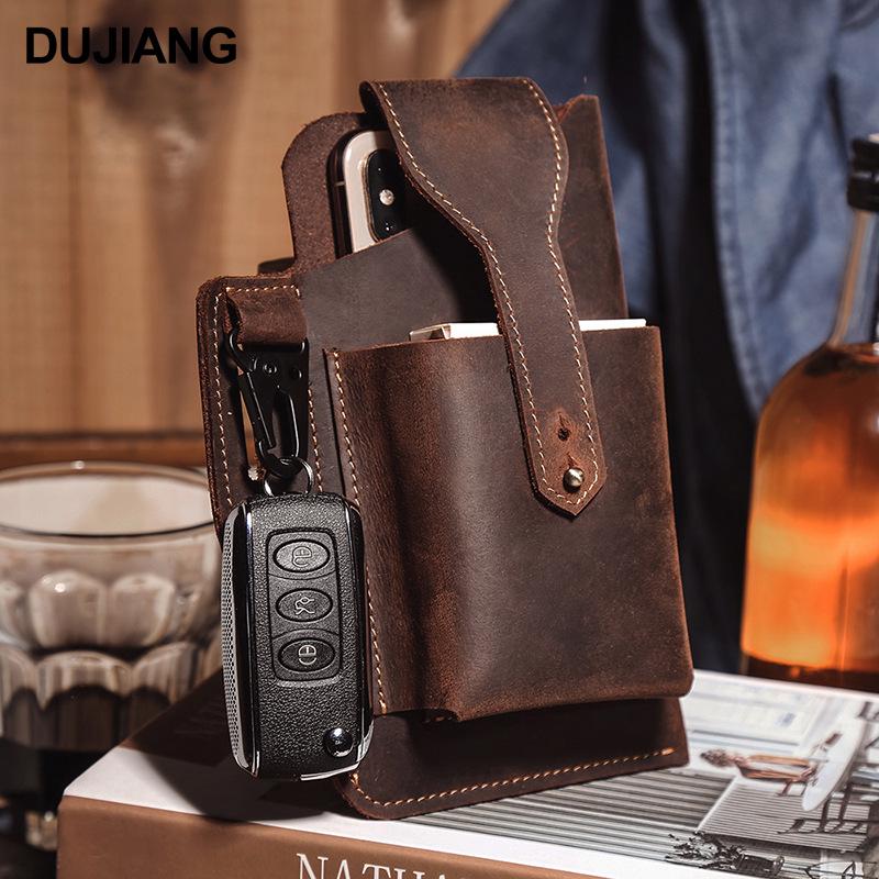 Men's Vintage Genuine Leather Phone Bag - Vertical Style, Durable Crazy Horse Leather, Belt Waist Bag for Work Use