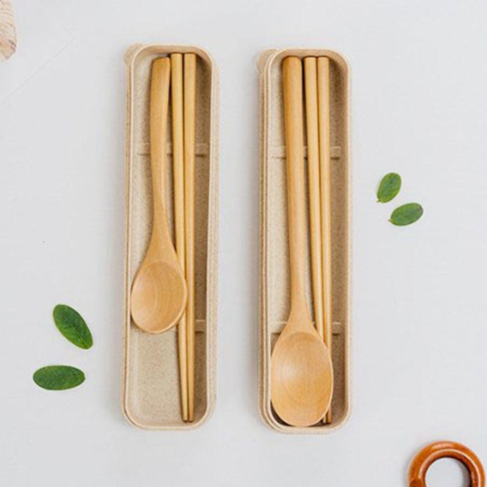 with Box Wooden Fork Chopsticks Natural Rice Soups Spoon Dinnerware Cutlery  Kitchen Accessories