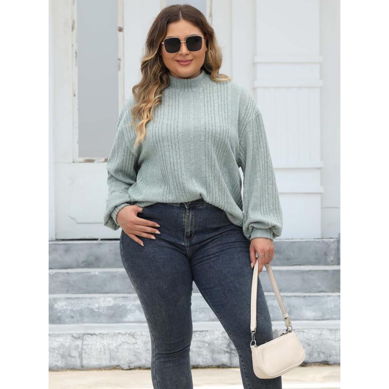 Damen Pullover Top Frühling und Herbst Neu Übergröße Damen Halbpullover T-Shirt Beflocktes Geripptes Basic-Shirt