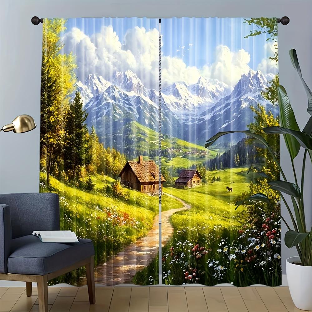 Set Of 2 Alpine Village Landscape Curtains Mountain Cottage Window Drapes Semi Opaque Living Curtain Sheer With Rod Pocket Polyester