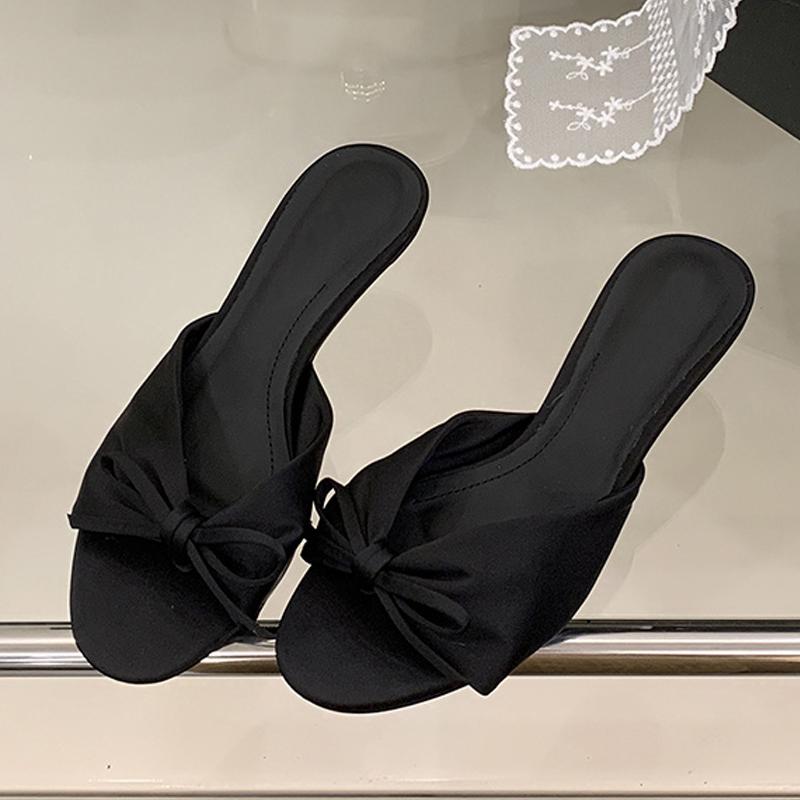 Letní móda Hedvábné mašličky Dámské pantofle Sandály Mělké Otevřená špička Tenké Nízké podpatky Nazouváky Nazouvací boty Zapatos Mujer