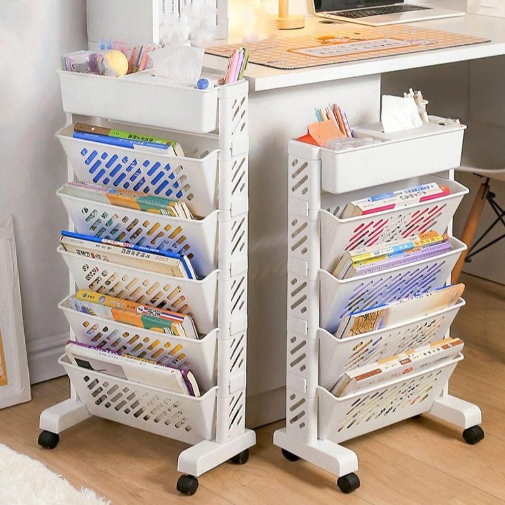 Large Capacity Bookshelf On Wheels Rotatable Book Storage Rack Movable Book Shelf  Student Use