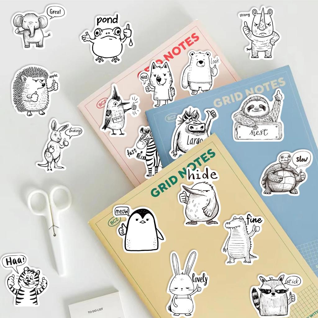 50 Cartoon Black and White Vertical Thumb Animal Doodle Sticker Decorative Guitar Notebook Suitcase DIY Waterproof