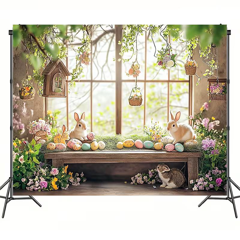 2D Happy Easter Backdrop Cloth 2D Print Floral Garden Bunny Living Room Wall Decor