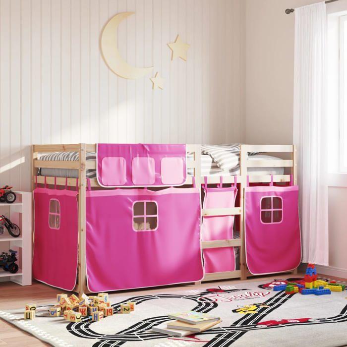 VidaXL Bunk Bed with Pink Curtains 90x200 Cm Solid Pine Wood, Bed, Bed Frame, Low Bunk Bed, Bedroom Furniture At 3283930