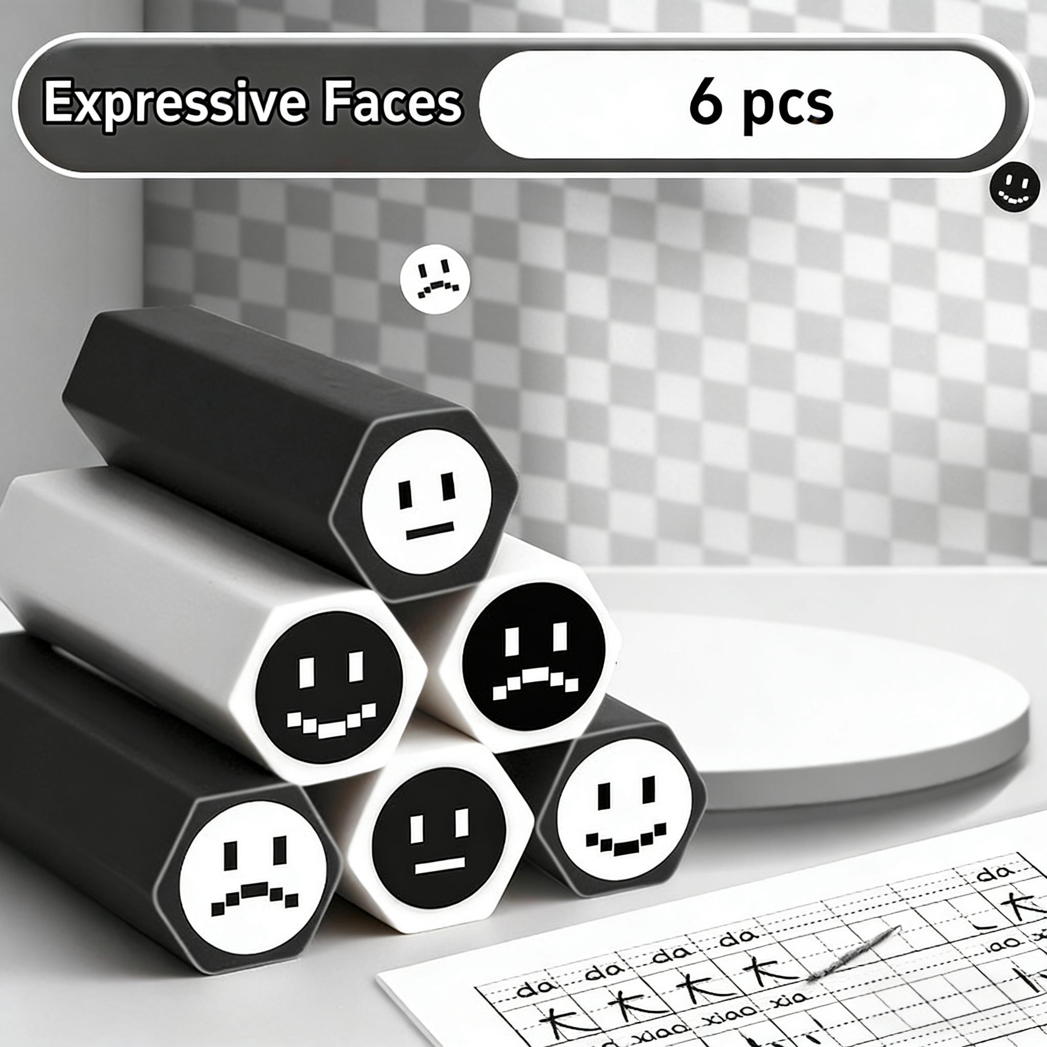 6/12pcs Cute Fruit Erasers Versatile Facial Expressions Hexagonal Shaped Pencil Erasers for Cleaning Less Dust Erasers