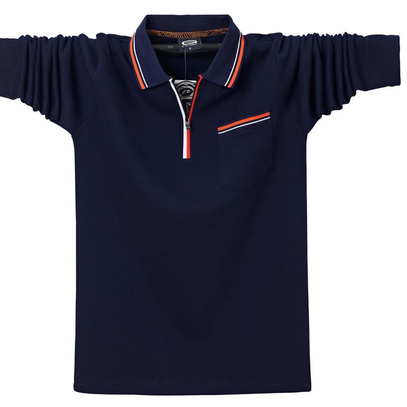 

Мужское хлопковое поло большого размера на молнии с длинным рукавом и отложным воротником для осени и зимы 4XL темно-синий