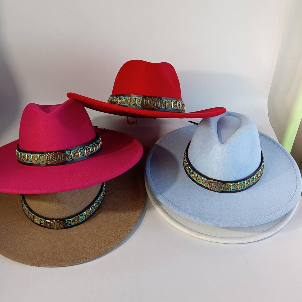 Felt Hat with Vintage Leather Belt, Fashionable European and American Jazz, Classic Church Style, Wide Brim, 9.5cm